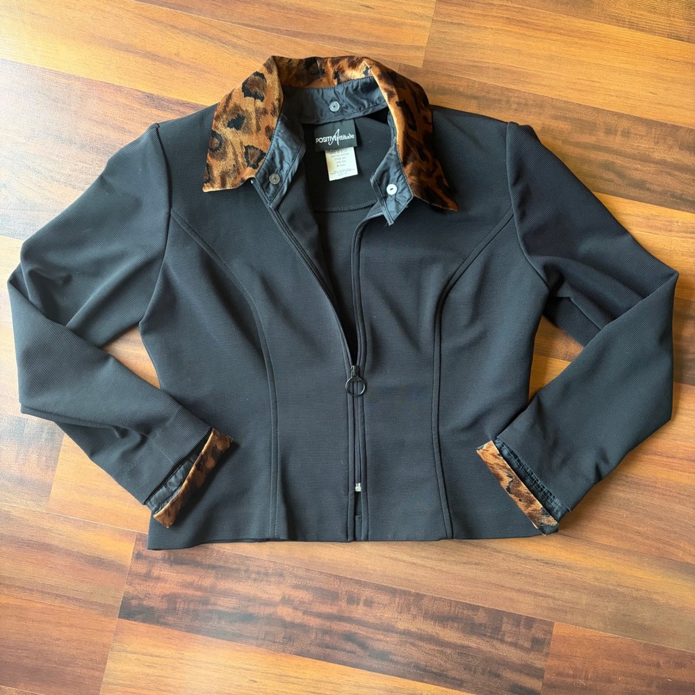 Positive‎ Attitude Black Leopard Print Collar Cuff Blazer Jacket Size 10